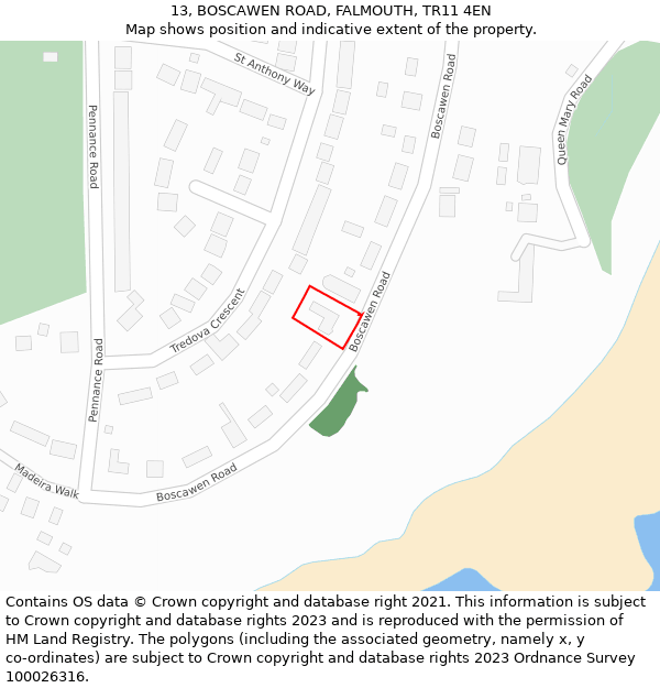 13, BOSCAWEN ROAD, FALMOUTH, TR11 4EN: Location map and indicative extent of plot