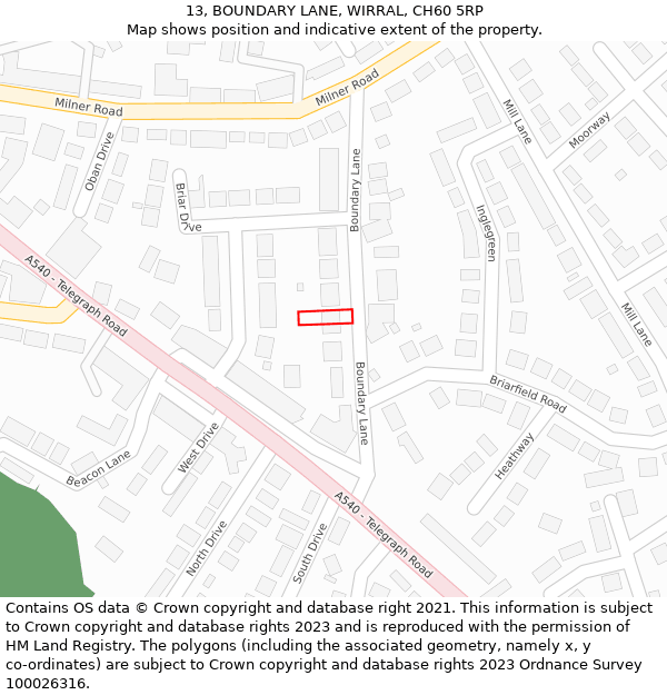 13, BOUNDARY LANE, WIRRAL, CH60 5RP: Location map and indicative extent of plot