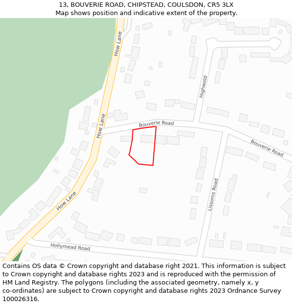 13, BOUVERIE ROAD, CHIPSTEAD, COULSDON, CR5 3LX: Location map and indicative extent of plot