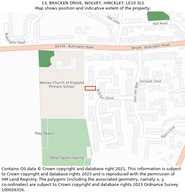 13, BRACKEN DRIVE, WOLVEY, HINCKLEY, LE10 3LS: Location map and indicative extent of plot