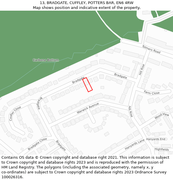 13, BRADGATE, CUFFLEY, POTTERS BAR, EN6 4RW: Location map and indicative extent of plot