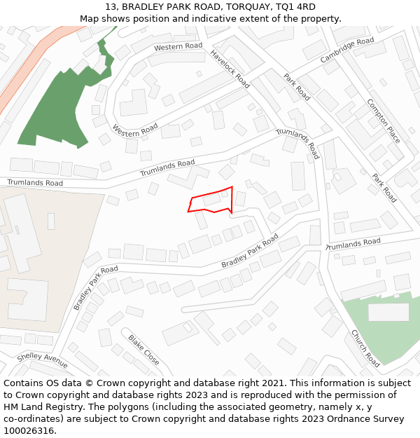 13, BRADLEY PARK ROAD, TORQUAY, TQ1 4RD: Location map and indicative extent of plot