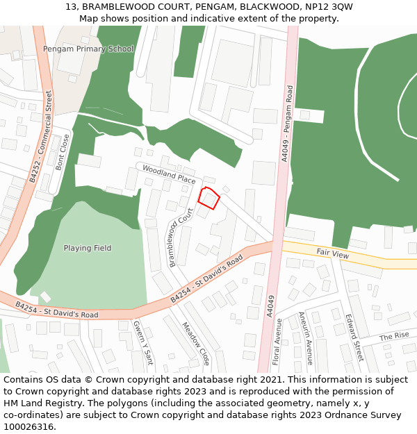 13, BRAMBLEWOOD COURT, PENGAM, BLACKWOOD, NP12 3QW: Location map and indicative extent of plot