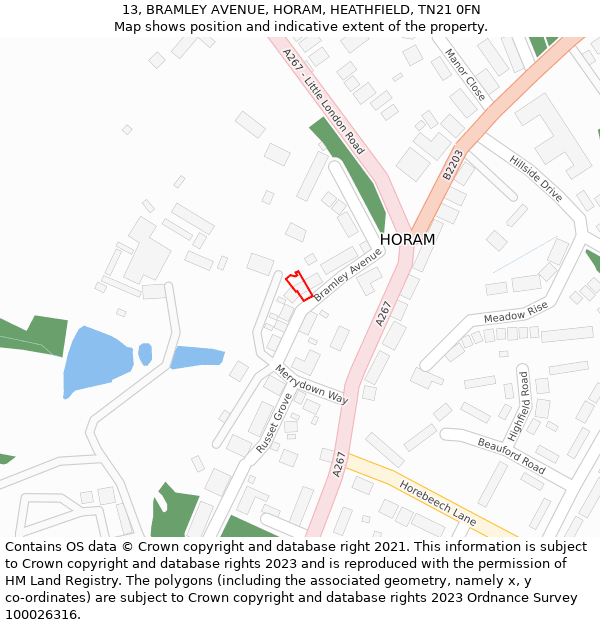 13, BRAMLEY AVENUE, HORAM, HEATHFIELD, TN21 0FN: Location map and indicative extent of plot