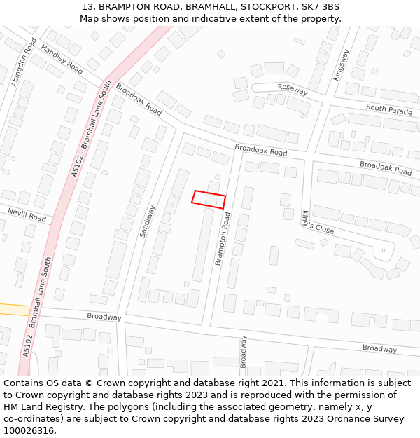 13, BRAMPTON ROAD, BRAMHALL, STOCKPORT, SK7 3BS: Location map and indicative extent of plot