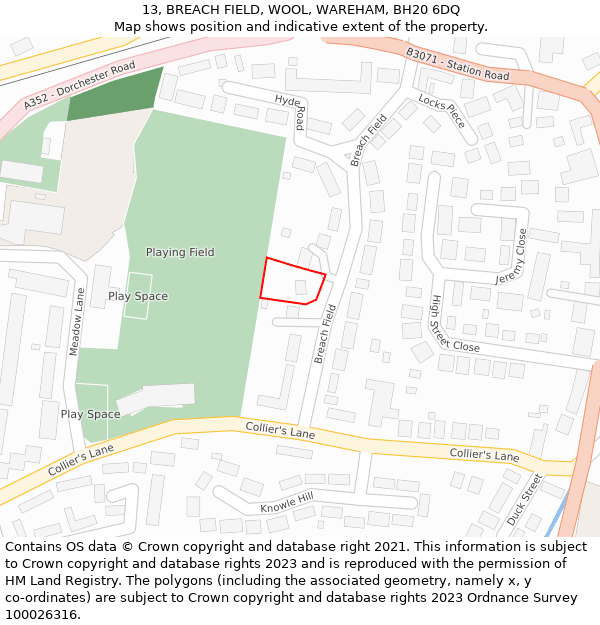 13, BREACH FIELD, WOOL, WAREHAM, BH20 6DQ: Location map and indicative extent of plot