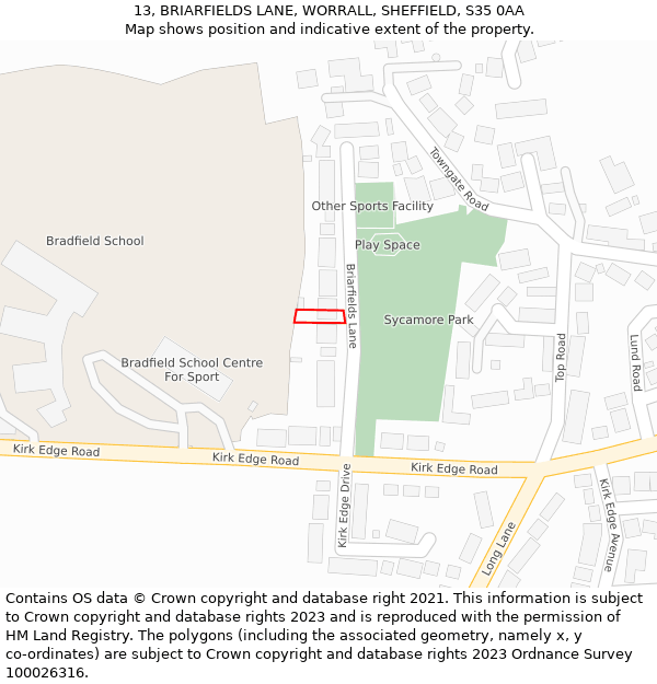 13, BRIARFIELDS LANE, WORRALL, SHEFFIELD, S35 0AA: Location map and indicative extent of plot