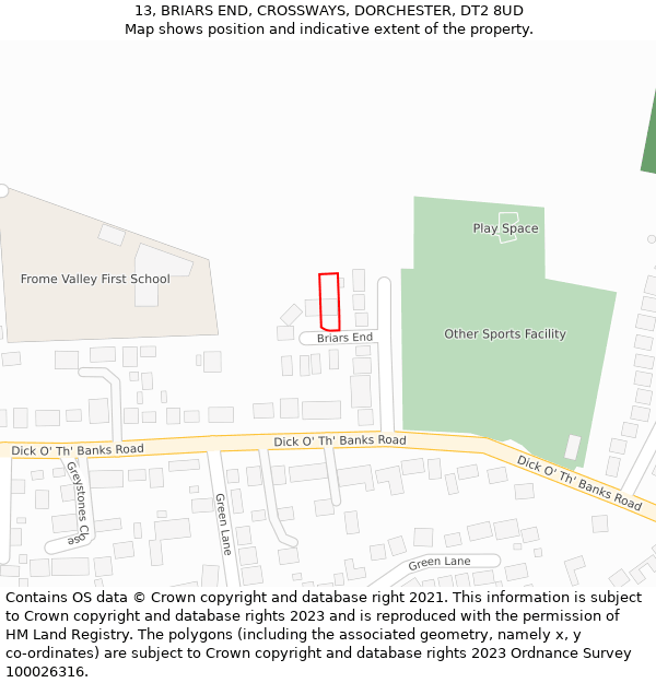 13, BRIARS END, CROSSWAYS, DORCHESTER, DT2 8UD: Location map and indicative extent of plot