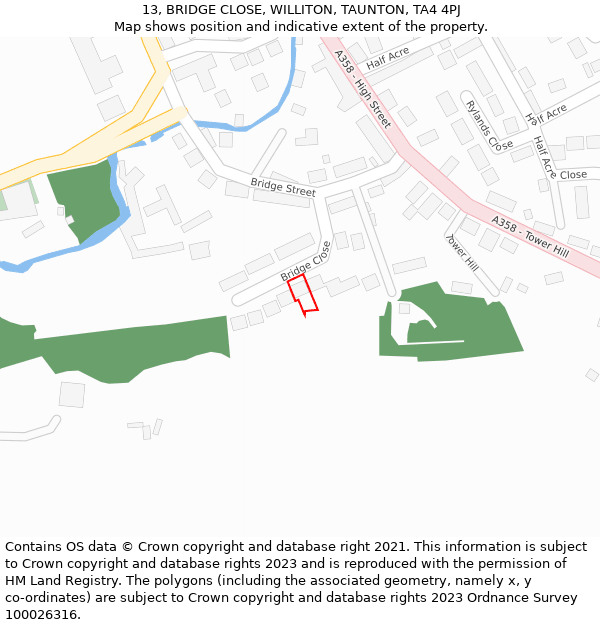 13, BRIDGE CLOSE, WILLITON, TAUNTON, TA4 4PJ: Location map and indicative extent of plot