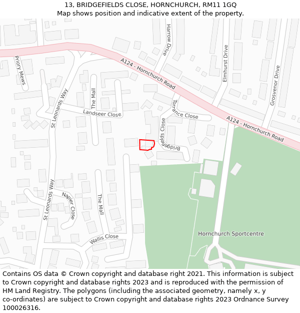 13, BRIDGEFIELDS CLOSE, HORNCHURCH, RM11 1GQ: Location map and indicative extent of plot