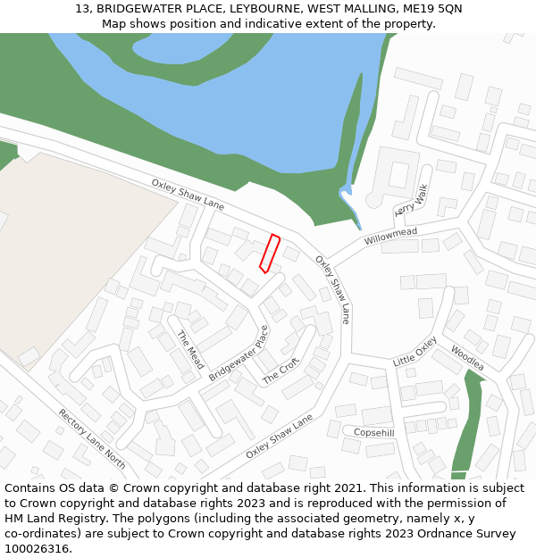 13, BRIDGEWATER PLACE, LEYBOURNE, WEST MALLING, ME19 5QN: Location map and indicative extent of plot