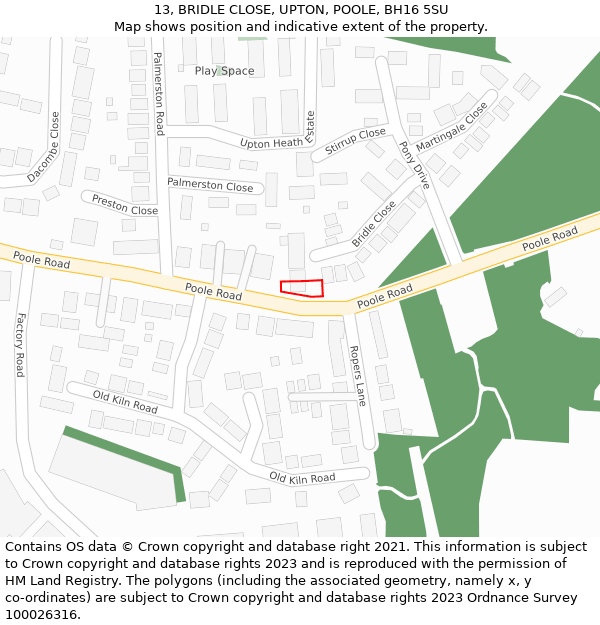 13, BRIDLE CLOSE, UPTON, POOLE, BH16 5SU: Location map and indicative extent of plot