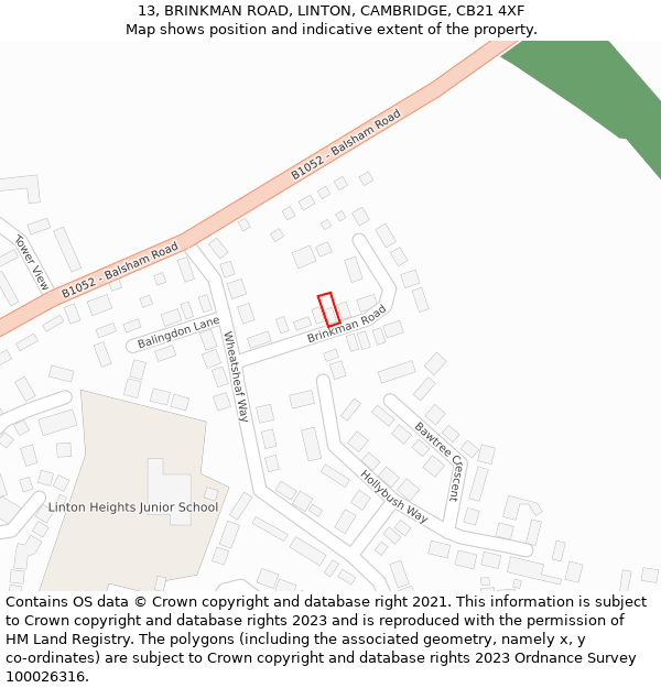13, BRINKMAN ROAD, LINTON, CAMBRIDGE, CB21 4XF: Location map and indicative extent of plot
