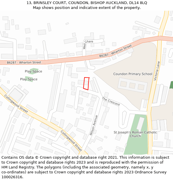 13, BRINSLEY COURT, COUNDON, BISHOP AUCKLAND, DL14 8LQ: Location map and indicative extent of plot