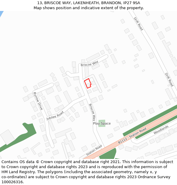 13, BRISCOE WAY, LAKENHEATH, BRANDON, IP27 9SA: Location map and indicative extent of plot