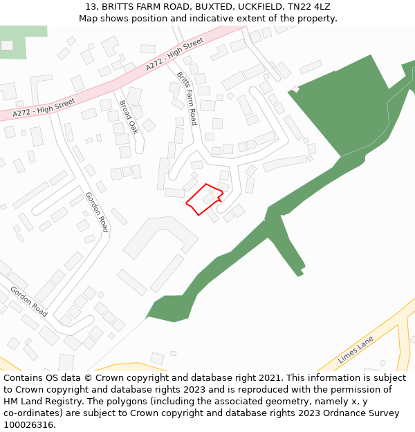 13, BRITTS FARM ROAD, BUXTED, UCKFIELD, TN22 4LZ: Location map and indicative extent of plot