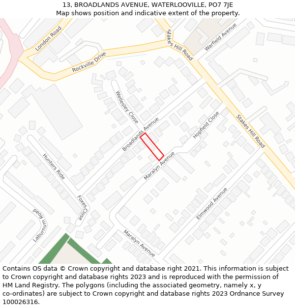 13, BROADLANDS AVENUE, WATERLOOVILLE, PO7 7JE: Location map and indicative extent of plot