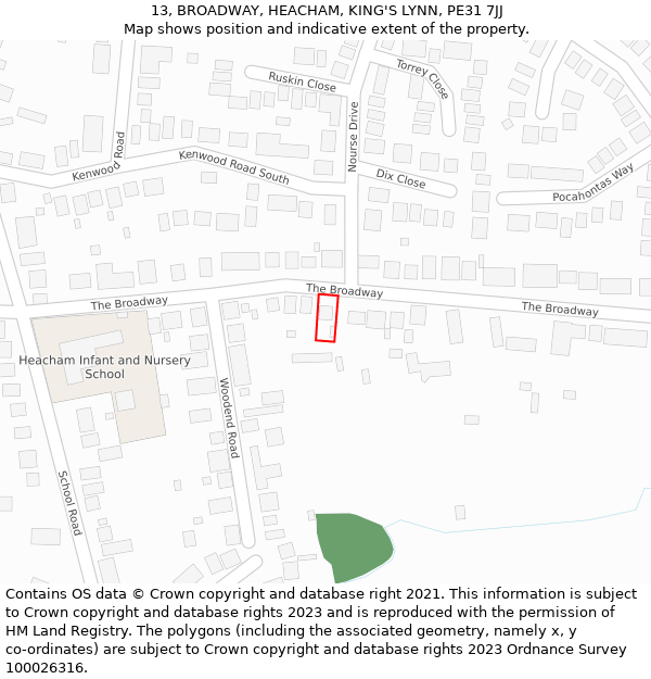 13, BROADWAY, HEACHAM, KING'S LYNN, PE31 7JJ: Location map and indicative extent of plot