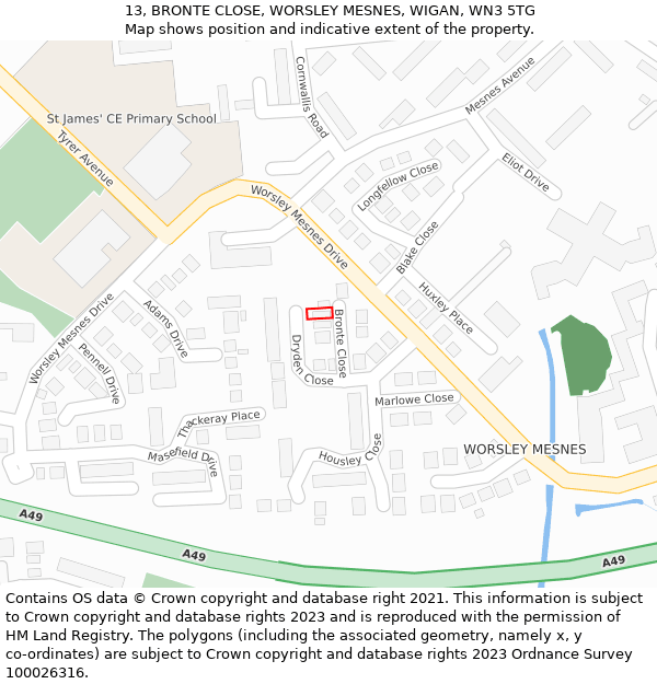 13, BRONTE CLOSE, WORSLEY MESNES, WIGAN, WN3 5TG: Location map and indicative extent of plot