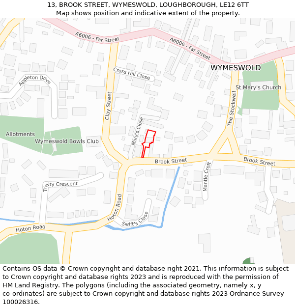 13, BROOK STREET, WYMESWOLD, LOUGHBOROUGH, LE12 6TT: Location map and indicative extent of plot
