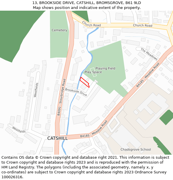 13, BROOKSIDE DRIVE, CATSHILL, BROMSGROVE, B61 9LD: Location map and indicative extent of plot
