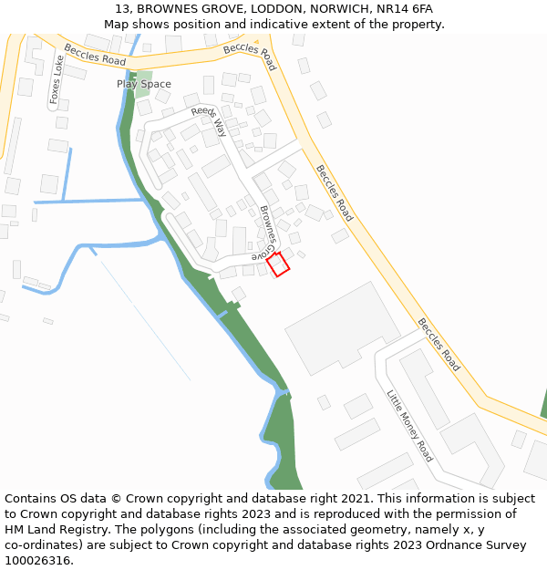 13, BROWNES GROVE, LODDON, NORWICH, NR14 6FA: Location map and indicative extent of plot