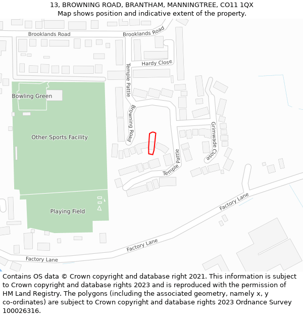 13, BROWNING ROAD, BRANTHAM, MANNINGTREE, CO11 1QX: Location map and indicative extent of plot