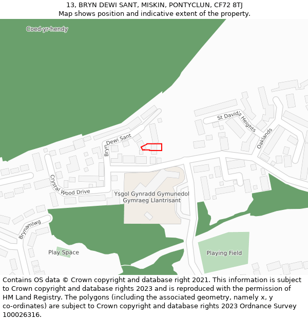 13, BRYN DEWI SANT, MISKIN, PONTYCLUN, CF72 8TJ: Location map and indicative extent of plot