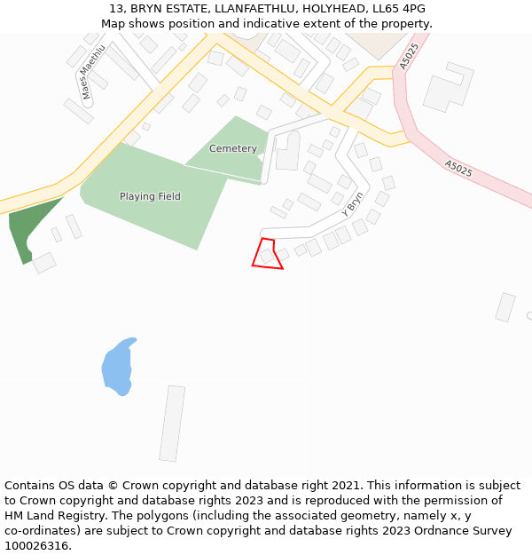 13, BRYN ESTATE, LLANFAETHLU, HOLYHEAD, LL65 4PG: Location map and indicative extent of plot