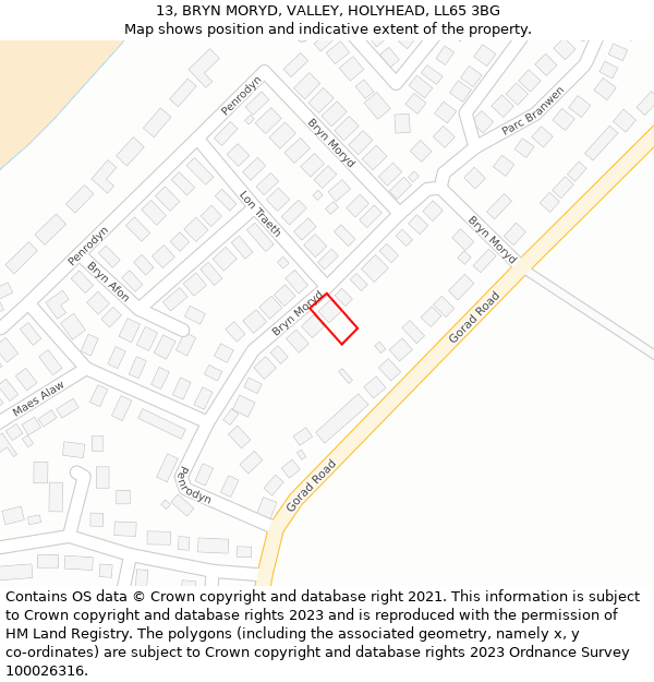 13, BRYN MORYD, VALLEY, HOLYHEAD, LL65 3BG: Location map and indicative extent of plot