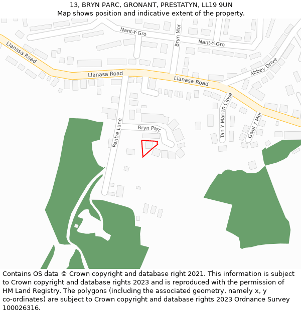 13, BRYN PARC, GRONANT, PRESTATYN, LL19 9UN: Location map and indicative extent of plot