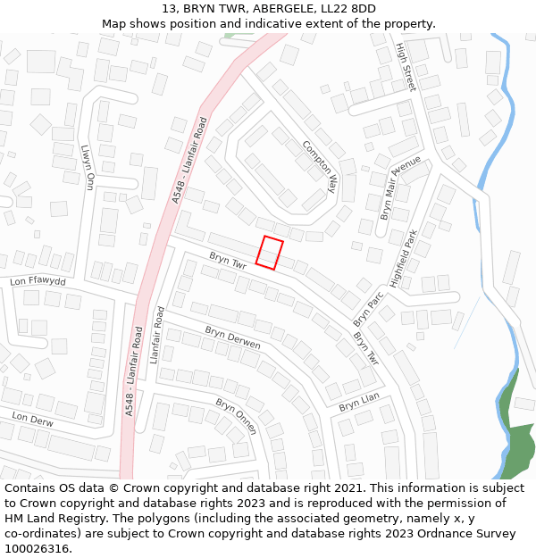 13, BRYN TWR, ABERGELE, LL22 8DD: Location map and indicative extent of plot