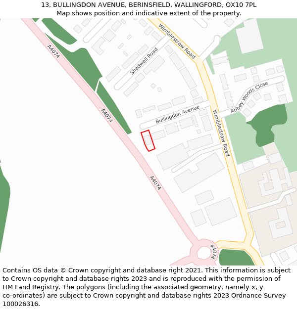 13, BULLINGDON AVENUE, BERINSFIELD, WALLINGFORD, OX10 7PL: Location map and indicative extent of plot