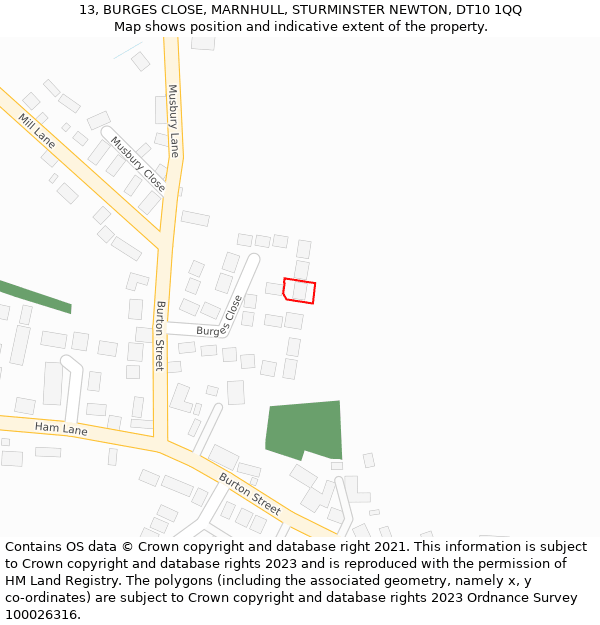 13, BURGES CLOSE, MARNHULL, STURMINSTER NEWTON, DT10 1QQ: Location map and indicative extent of plot