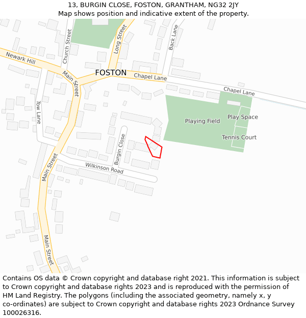 13, BURGIN CLOSE, FOSTON, GRANTHAM, NG32 2JY: Location map and indicative extent of plot