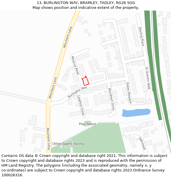 13, BURLINGTON WAY, BRAMLEY, TADLEY, RG26 5GG: Location map and indicative extent of plot