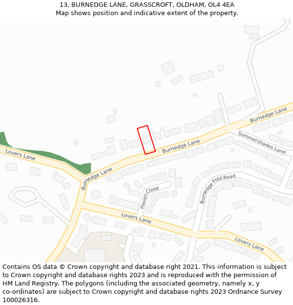 13, BURNEDGE LANE, GRASSCROFT, OLDHAM, OL4 4EA: Location map and indicative extent of plot