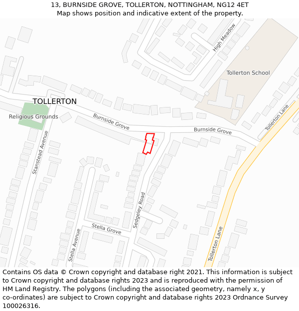 13, BURNSIDE GROVE, TOLLERTON, NOTTINGHAM, NG12 4ET: Location map and indicative extent of plot