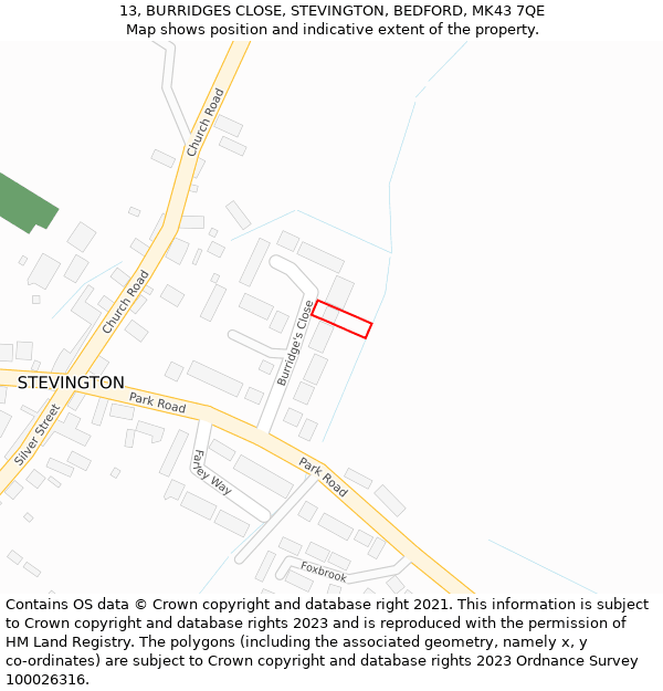 13, BURRIDGES CLOSE, STEVINGTON, BEDFORD, MK43 7QE: Location map and indicative extent of plot