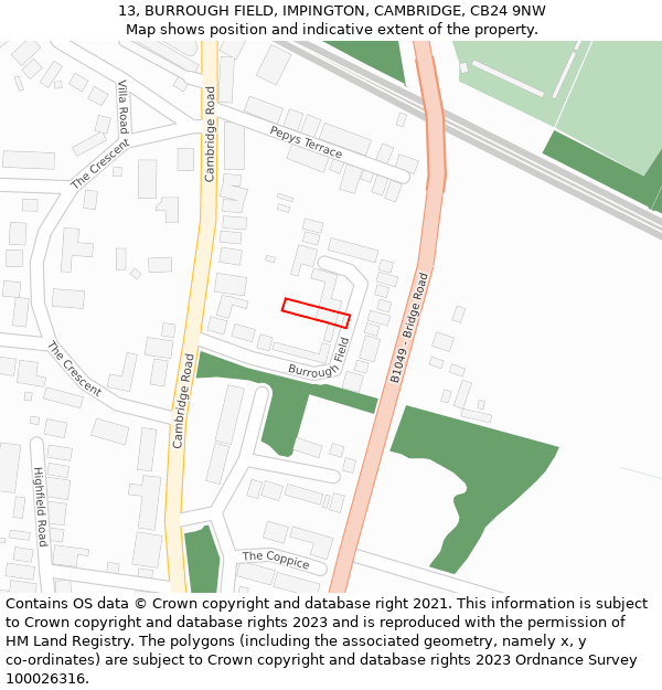 13, BURROUGH FIELD, IMPINGTON, CAMBRIDGE, CB24 9NW: Location map and indicative extent of plot