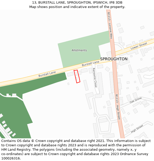 13, BURSTALL LANE, SPROUGHTON, IPSWICH, IP8 3DB: Location map and indicative extent of plot