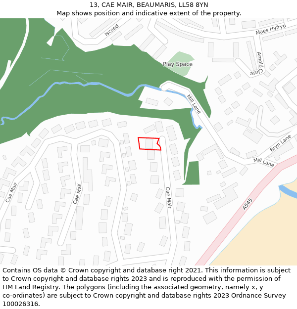13, CAE MAIR, BEAUMARIS, LL58 8YN: Location map and indicative extent of plot