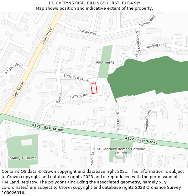 13, CAFFYNS RISE, BILLINGSHURST, RH14 9JY: Location map and indicative extent of plot