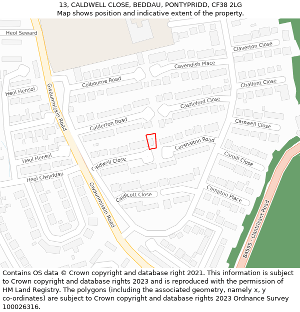 13, CALDWELL CLOSE, BEDDAU, PONTYPRIDD, CF38 2LG: Location map and indicative extent of plot