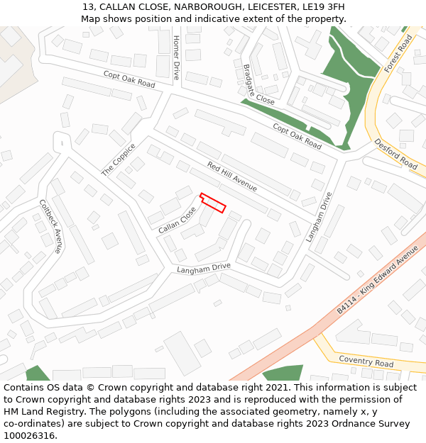 13, CALLAN CLOSE, NARBOROUGH, LEICESTER, LE19 3FH: Location map and indicative extent of plot