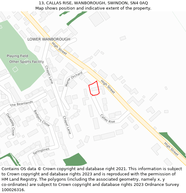 13, CALLAS RISE, WANBOROUGH, SWINDON, SN4 0AQ: Location map and indicative extent of plot