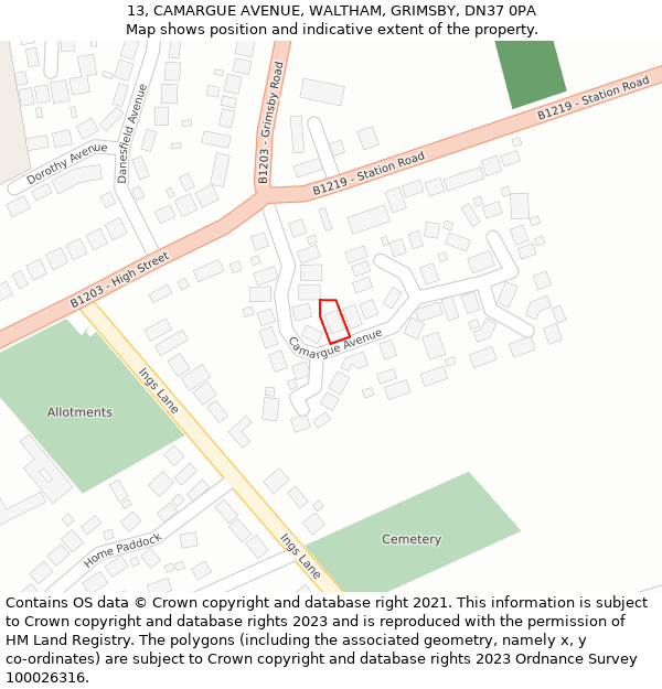 13, CAMARGUE AVENUE, WALTHAM, GRIMSBY, DN37 0PA: Location map and indicative extent of plot