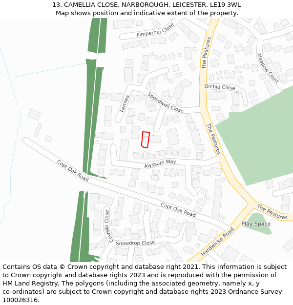 13, CAMELLIA CLOSE, NARBOROUGH, LEICESTER, LE19 3WL: Location map and indicative extent of plot