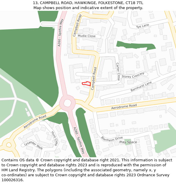 13, CAMPBELL ROAD, HAWKINGE, FOLKESTONE, CT18 7TL: Location map and indicative extent of plot