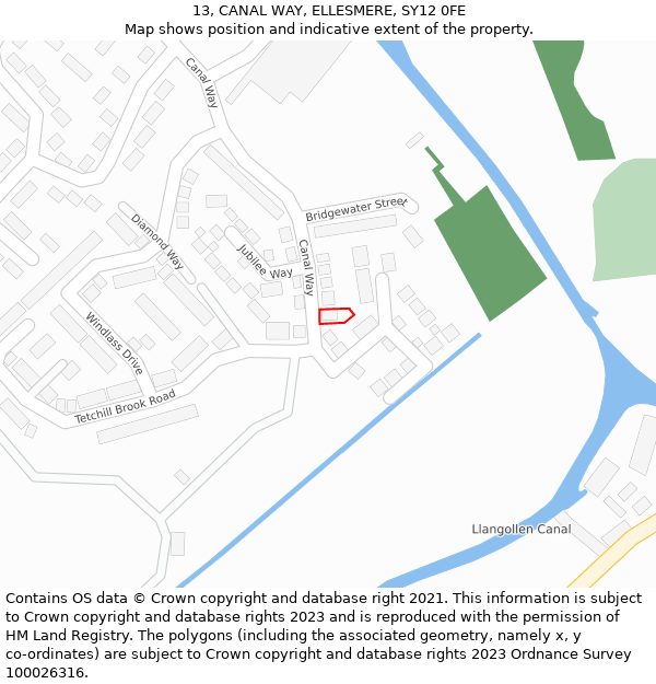 13, CANAL WAY, ELLESMERE, SY12 0FE: Location map and indicative extent of plot